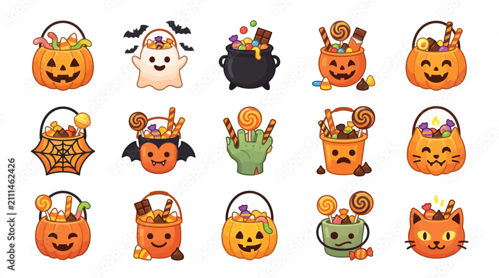 Fototapeta premium Colorful halloween candy bucket and treat bag icons.