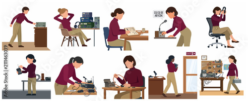 Bild auf Leinwand Female Amateur Radio Operators and Ham Radio Station Equipment Vector Illustrati