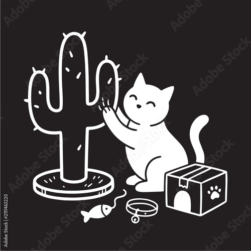 Minimalist Cute Cat Scratching Cactus Shaped Post Vector Illustration with Pet Toys and Cardboard Box House on Black Background