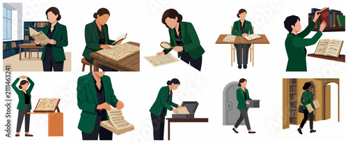 Foto Female Librarian and Archivist Professional Character Set Illustration Working i