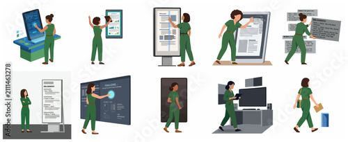 Tableau sur toile Set of vector illustrations featuring a woman interacting with digital interfaces, managing research data, and bibliography on modern touchscreens