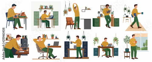 Collection of flat design illustrations featuring a male professional working in various home office scenarios and poses