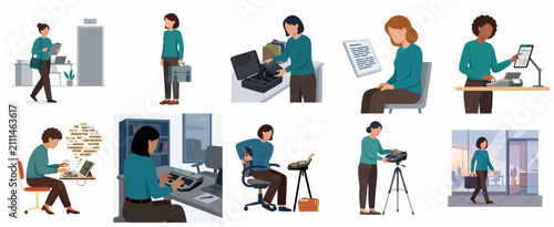 Photos Set of professional female court reporter and stenographer vector illustrations working with stenotype machine and legal transcripts in office environment