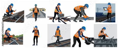 Collection of female railway maintenance workers performing various inspection and repair tasks on train tracks wearing safety gear vector illustration