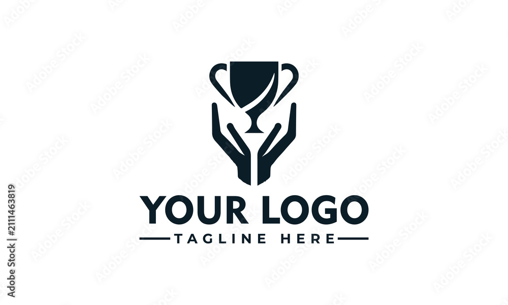 Obraz premium Trophy hands holding cup for victory award achievement and business championship logo concept