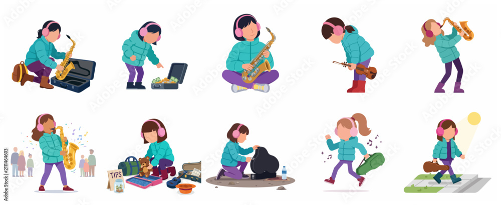 Fototapeta premium Girl Street Musician Character Set Playing Saxophone and Violin, Busking and Traveling Vector Illustrations