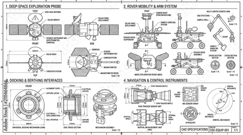 Cuadro en lienzo Deep space exploration probe and rover technical CAD blueprint specifications ve