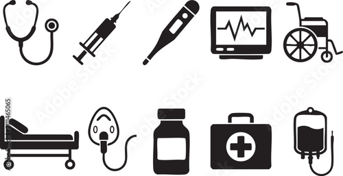Medical Healthcare Icons Set with Hospital Equipment and Emergency Care Vector Collection
