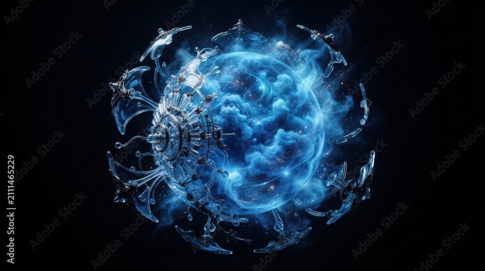 Fototapeta premium Abstract futuristic blue orb with crystalline structures and glowing energy