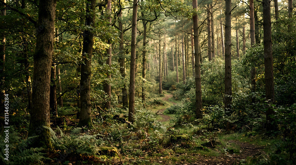 Fototapeta premium Sunlight filtering through a dense forest. Scenic woodland path in a lush green park.