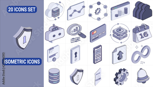 Premium Isometric Business Technology and Data Management Icons Set with Security Cloud Analytics Database AI and UI Elements