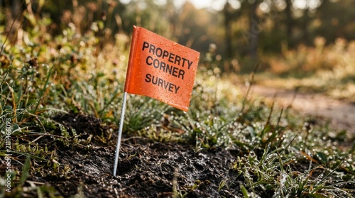 Orange Property Corner Survey Marker Flag in Grassy Field.