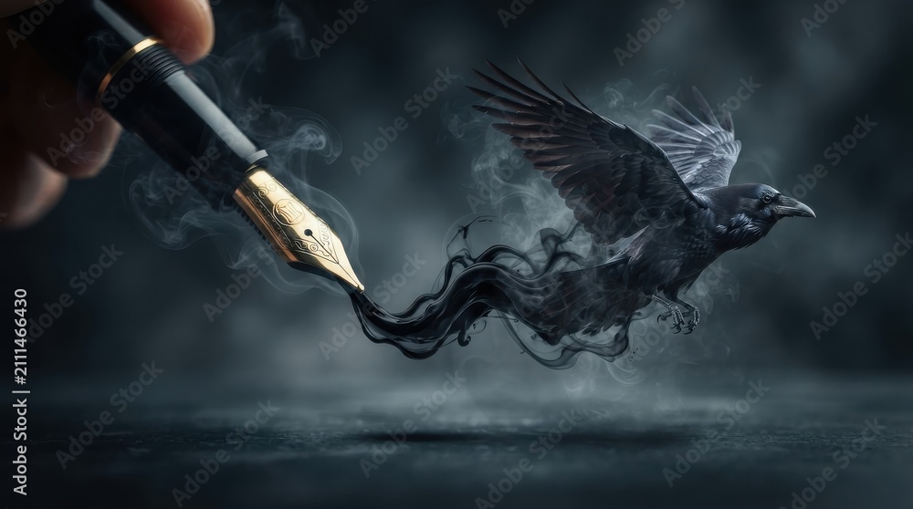 Obraz premium Fountain pen writing a smoke raven