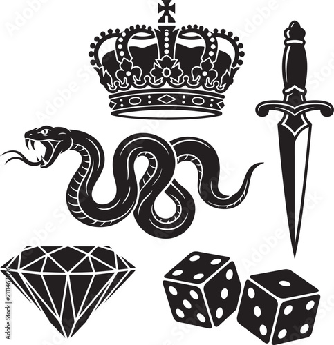 Set of tattoo style icons. Black silhouettes of crown, snake, dagger, diamond and dice.