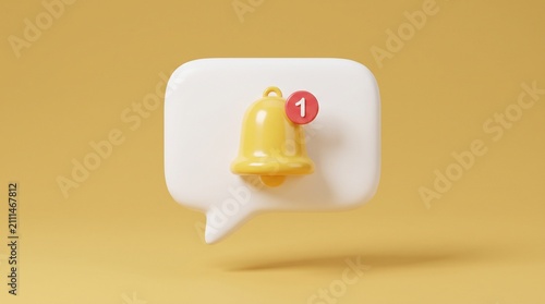 3D notification bell icon, a vibrant yellow alert symbol with a red '1' for new messages. Social media communication and digital marketing concept