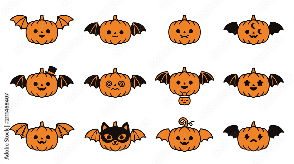Obraz premium Winged pumpkin and cat icons for Halloween.