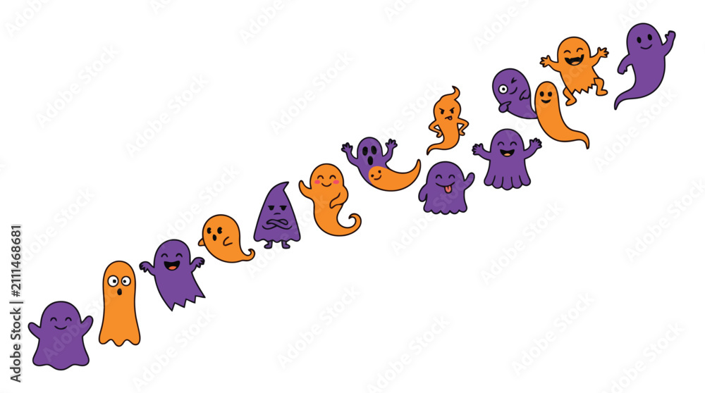 Fototapeta premium Set of cute cartoon ghosts in orange and purple colors for a fun halloween vector design project