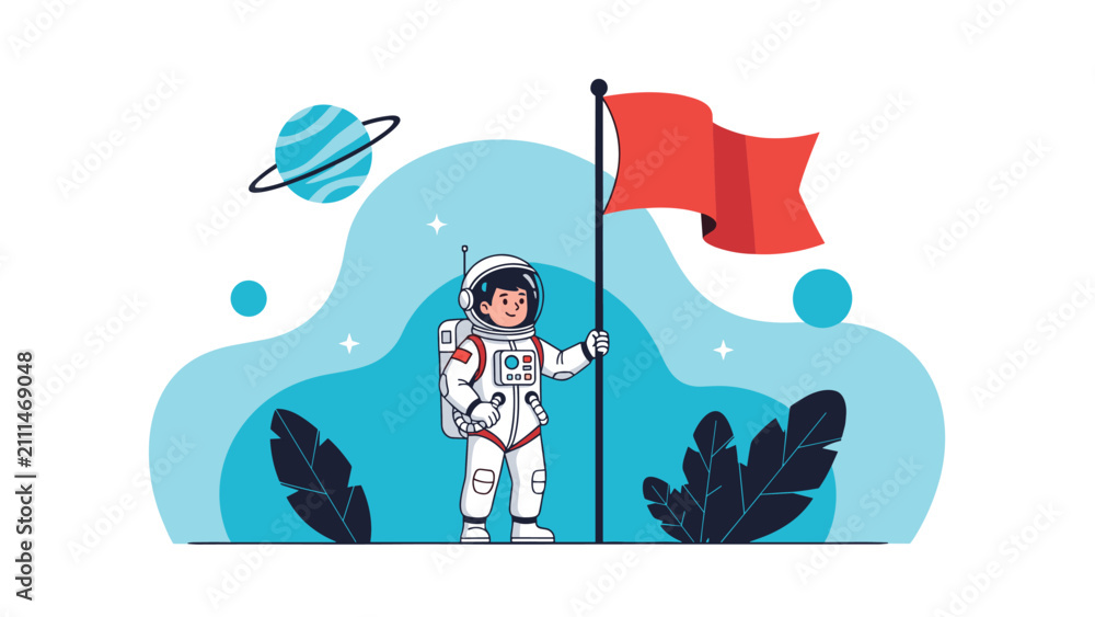 Naklejka premium Brave little cartoon astronaut standing in a spacesuit on an alien planet while holding a red flag, exploring space.