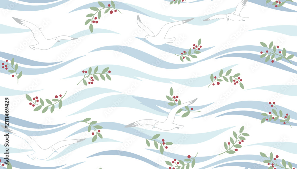 Obraz premium Beautiful seamless pattern featuring flying seagulls and leafy branches with red berries on light blue waves.