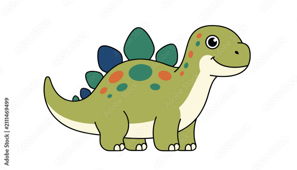 Fototapeta premium Cute cartoon stegosaurus dinosaur with colorful spots and spikes stands smiling on a clean white background.