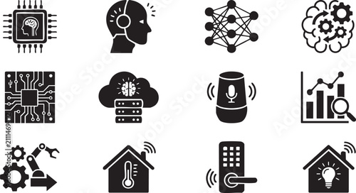 Artificial Intelligence, Smart Technology and Automation Black Glyph Icons Set | AI, Cloud Computing, Robotics, Analytics and Smart Home Collection