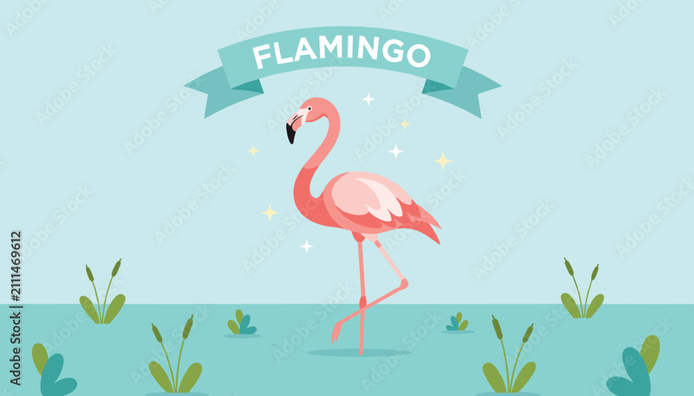 Obraz premium Beautiful pink flamingo standing on one leg in a pond with tropical plants under a decorative ribbon banner.