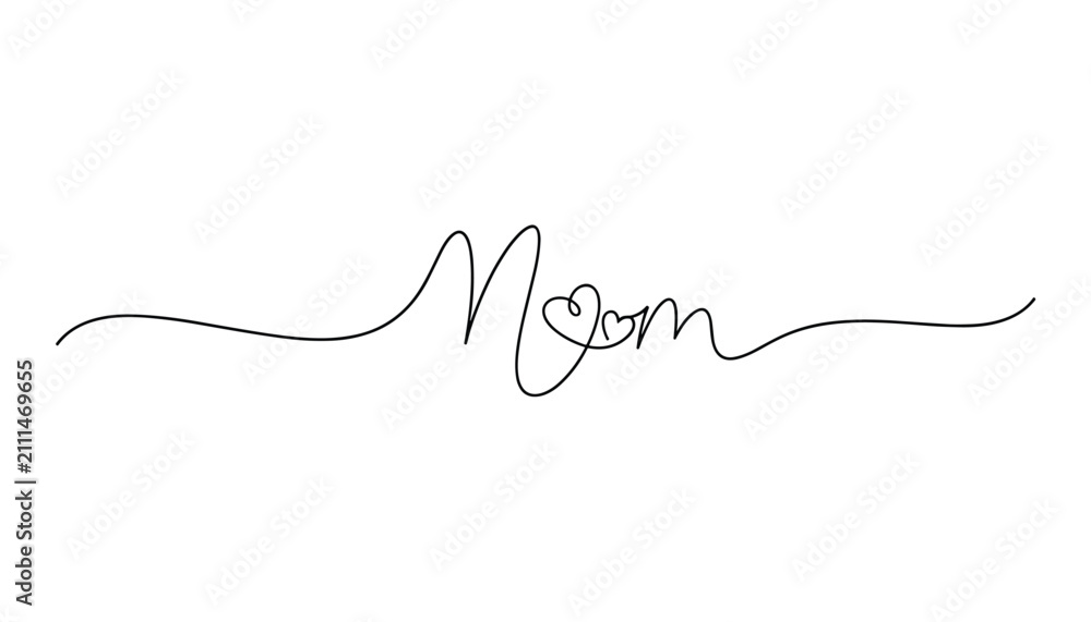 Obraz premium Minimalist continuous line art design of the word Mom with a small heart in the center on a white background.