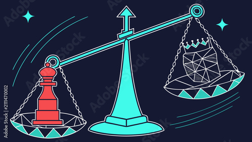 Conceptual illustration of a scale weighing a red chess king against a geometric crown shape representing strategic value and power balance