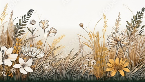 Wild Meadow Grass And Flower Line Art Drawing For Nature And Outdoor Illustration Designs