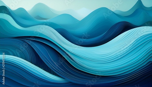Abstract Blue Digital Art With Layered Wavy Shapes In Various Shades Of Azure And Cyan Creating A Flowing Minimalist Mountain Or Wave Landscape