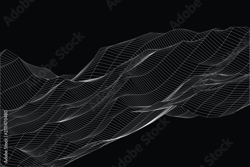 Abstract Wireframe Wave Background – Editable EPS Vector Mesh Landscape Technology Design landscapes, digital terrain, particle grids, and futuristic line structures. UI design, posters, banners.