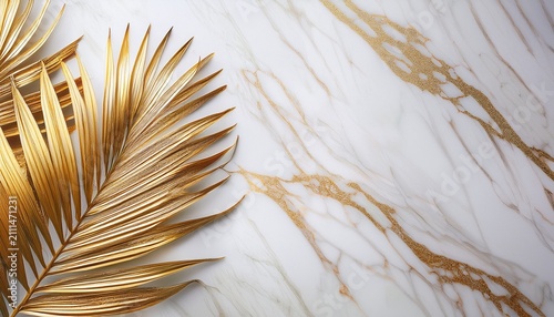Elegant Golden Palm Fronds On Marble Textured Background