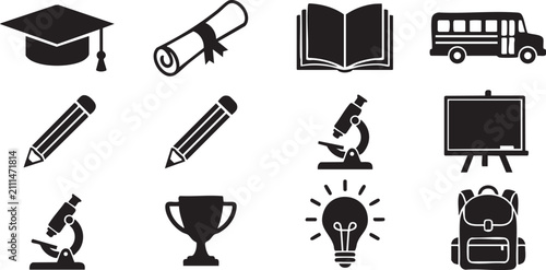 Education and School Black Glyph Icon Set – Graduation, Diploma, Book, Microscope, Classroom, Backpack and Learning Symbols
