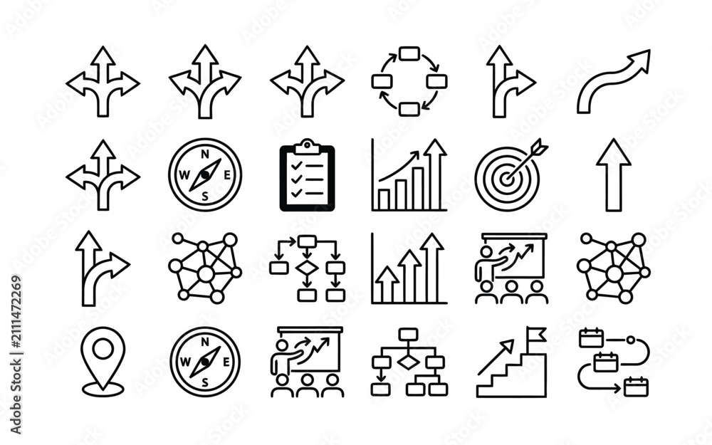 Fototapeta premium Business Strategy, Growth, Workflow, Organization Chart, Project Management, Analytics, Target, Direction and Navigation Line Icons Set for Web and Mobile Vector Collection