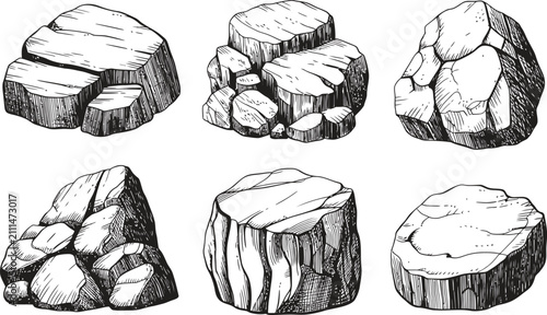 Hand-drawn geological rock textures and mineral cross-sections. Black and white line art of stone layers for scientific and educational use.
