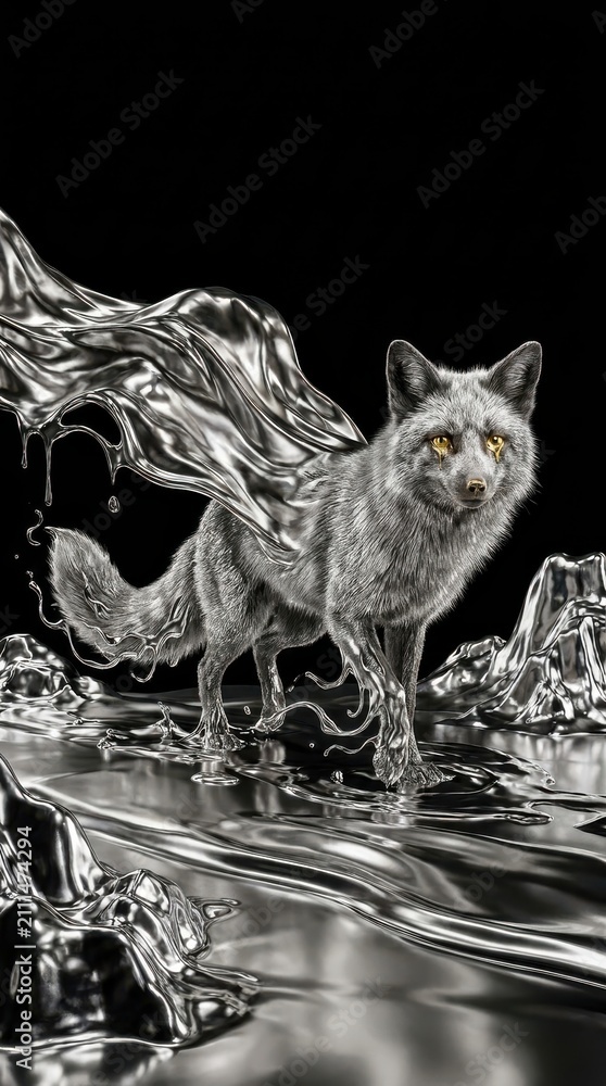 Obraz premium Fox made of liquid silver on black background