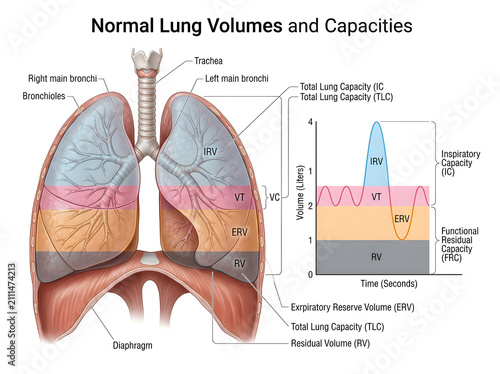 Normal lung volumes and capacities diagram with labeled parts isolated on white background