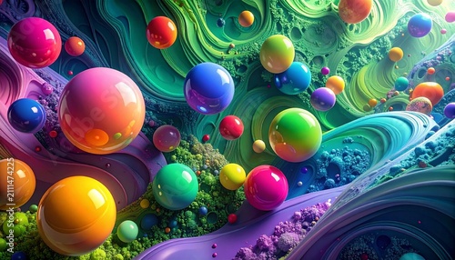 Abstract landscape with floating colorful orbs and organic flowing shapes multi colored sci fi abstract colorful landscape