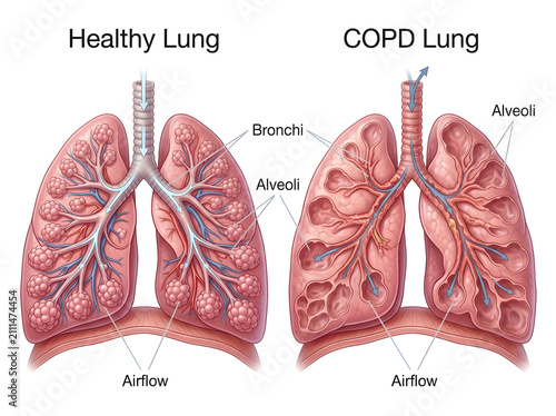 Comparison of healthy lung and copd lung anatomy illustration isolated on white background