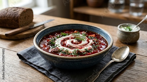 Bowl of red borscht soup with sour cream. Traditional beet vegetable soup on wooden table.