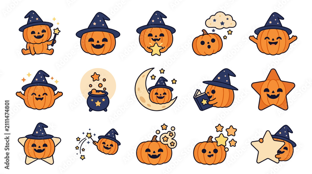Obraz premium Kawaii witch pumpkin icons with hats and magic wands.