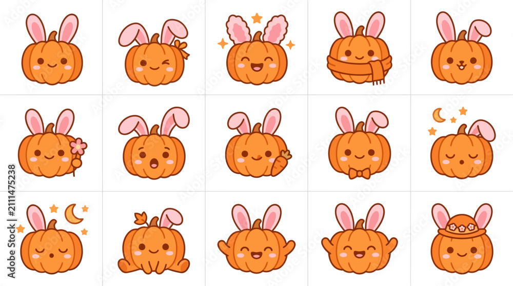 Obraz premium Pumpkin characters wearing pink bunny ears and cozy scarves.