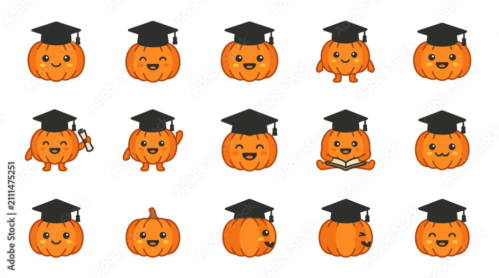 Obraz premium Pumpkin student stickers wearing black graduation hats.