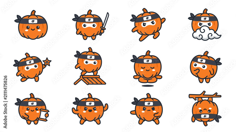Obraz premium Stealthy ninja pumpkin characters with headbands.