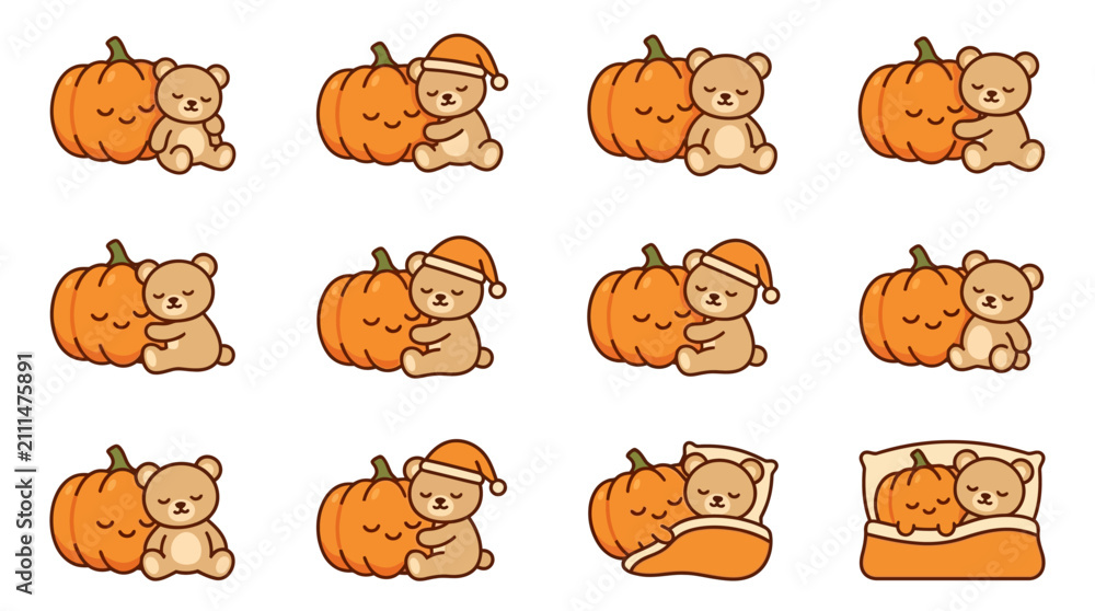 Obraz premium Teddy bear and pumpkin autumn character stickers.