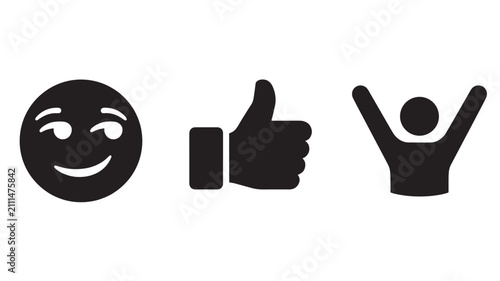 Smug face thumbs up and cheering person icon set