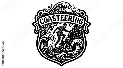 Canvas Print Coasteering shield emblem with climber and big wave.