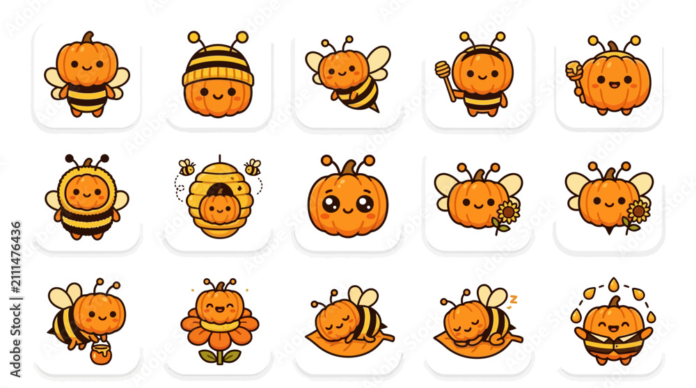 Obraz premium Cheerful honey bee pumpkin character collection.
