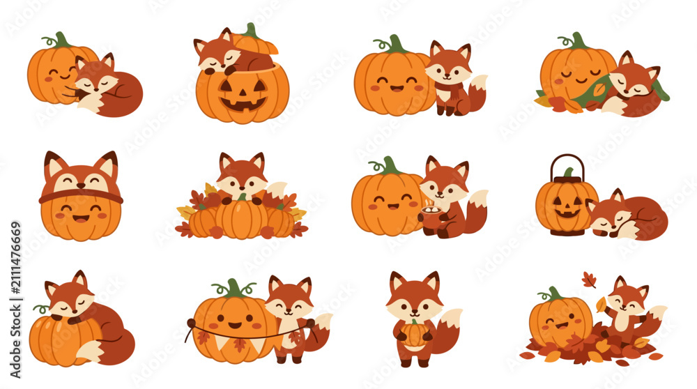 Obraz premium Cute fox and pumpkin autumn sticker set.