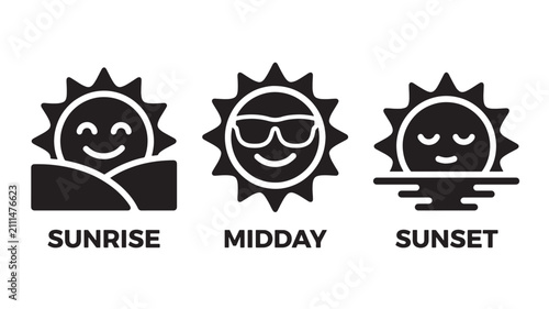 Sunrise midday and sunset sun character icon set